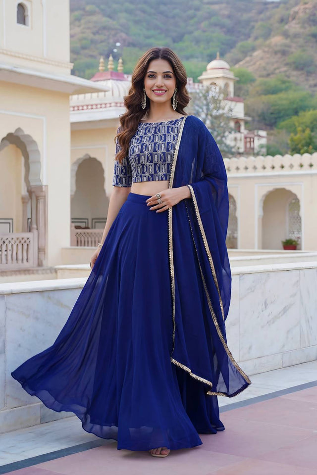 Blue Solid Georgette Lehenga