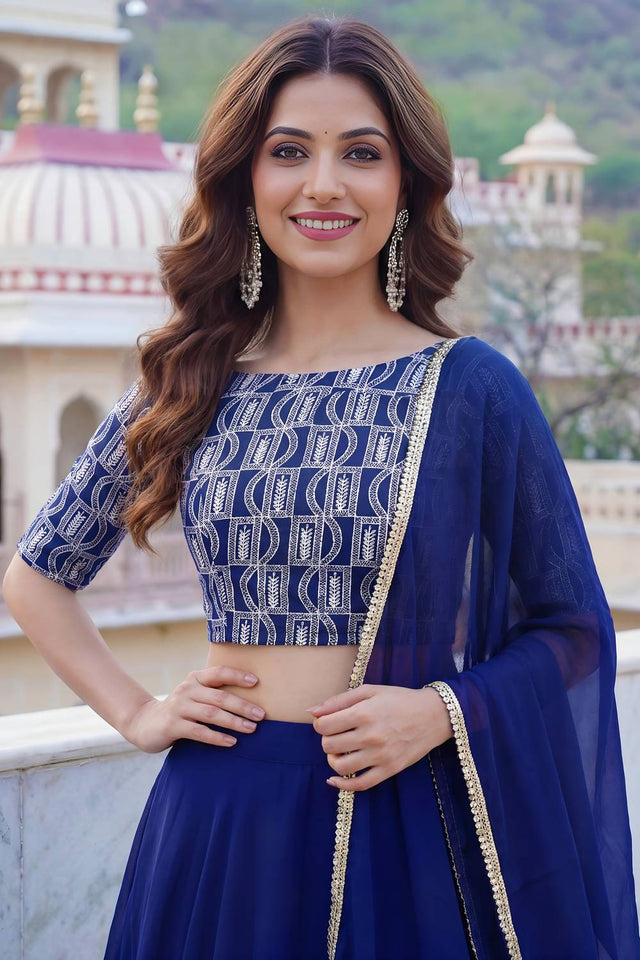 Blue Solid Georgette Lehenga