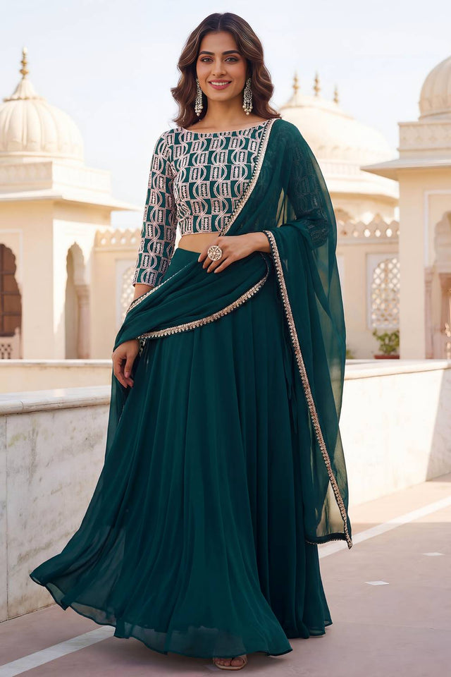 Green Solid Georgette Lehenga