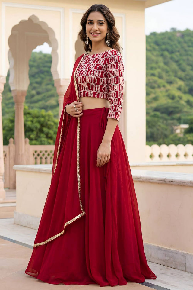 Red Solid Georgette Lehenga