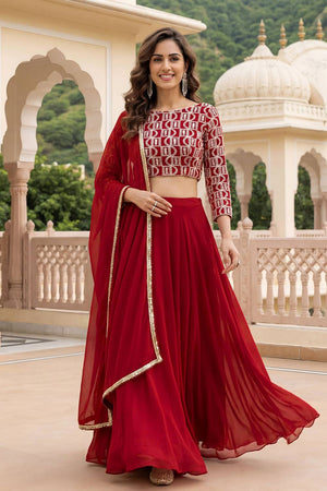 Red Solid Georgette Lehenga