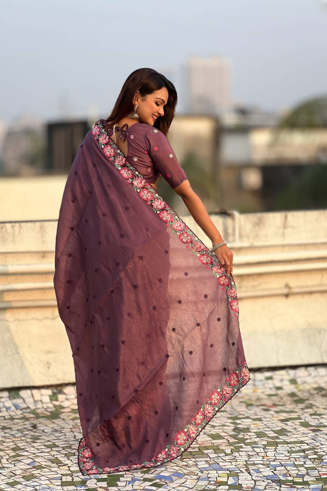 Wine Floral Embroidered Silk Saree