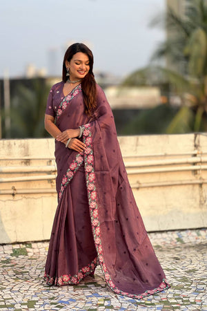 Wine Floral Embroidered Silk Saree