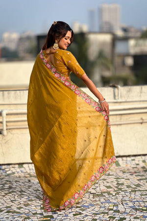 Mustard Floral Embroidered Silk Saree