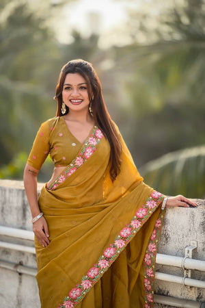Mustard Floral Embroidered Silk Saree