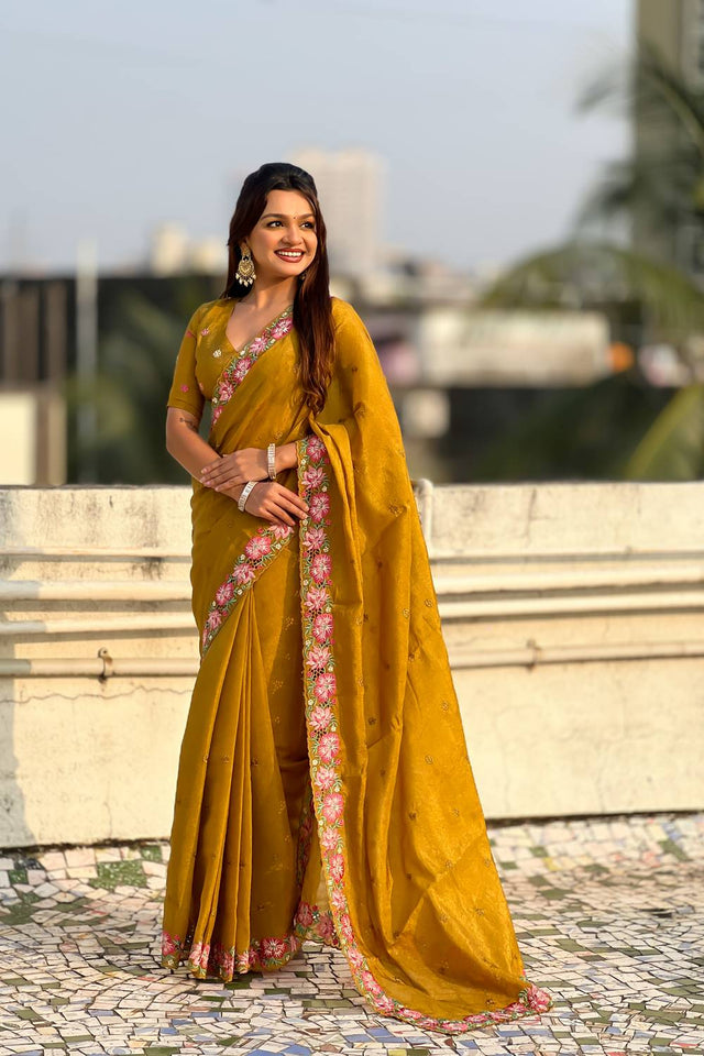 Mustard Floral Embroidered Silk Saree