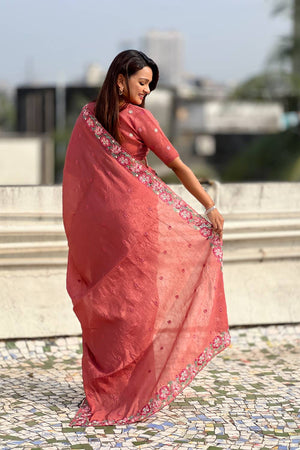 Orange Floral Embroidered Silk Saree