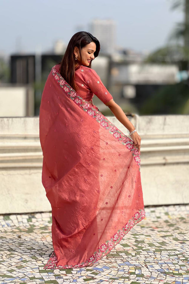 Orange Floral Embroidered Silk Saree