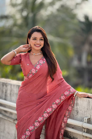 Orange Floral Embroidered Silk Saree