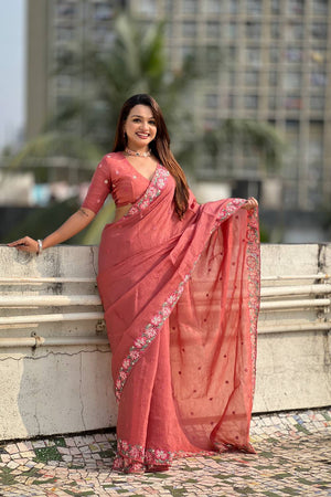 Orange Floral Embroidered Silk Saree