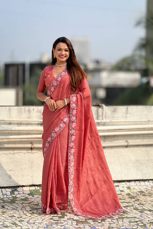 Orange Floral Embroidered Silk Saree