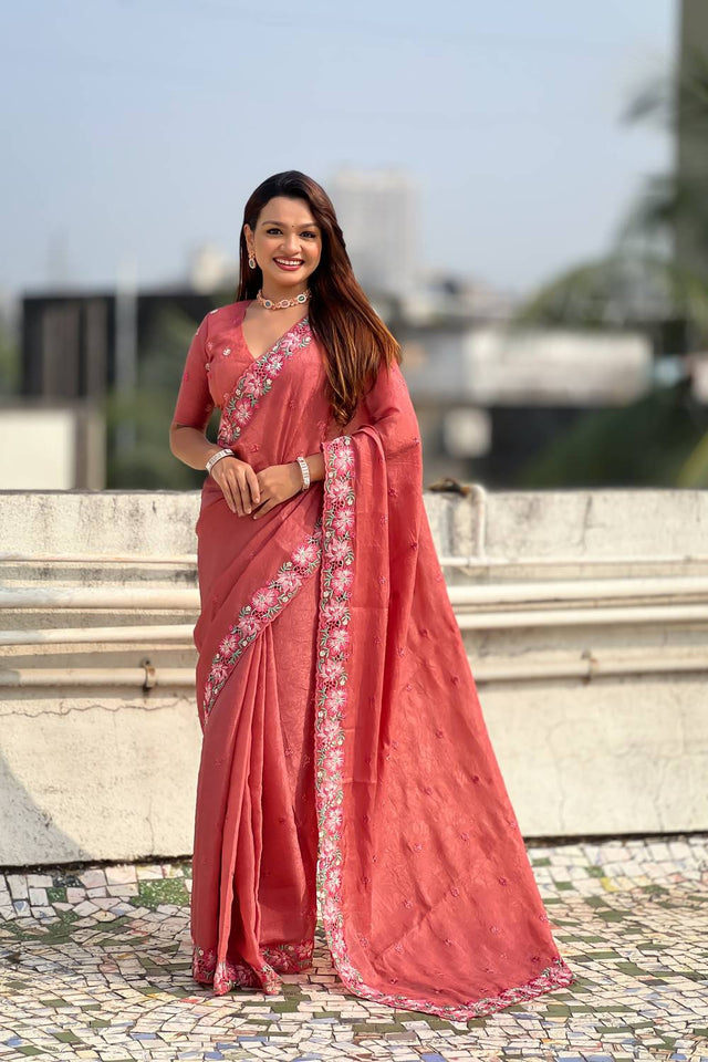 Orange Floral Embroidered Silk Saree
