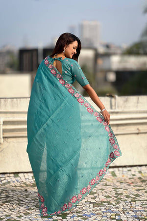 Blue Floral Embroidered Silk Saree