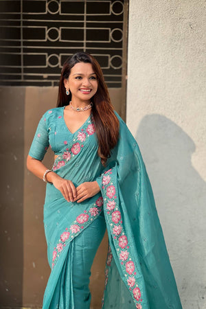 Blue Floral Embroidered Silk Saree