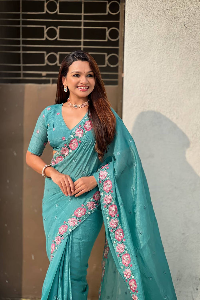 Blue Floral Embroidered Silk Saree