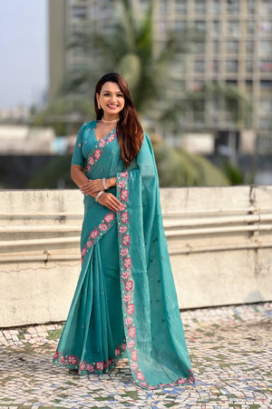 Blue Floral Embroidered Silk Saree