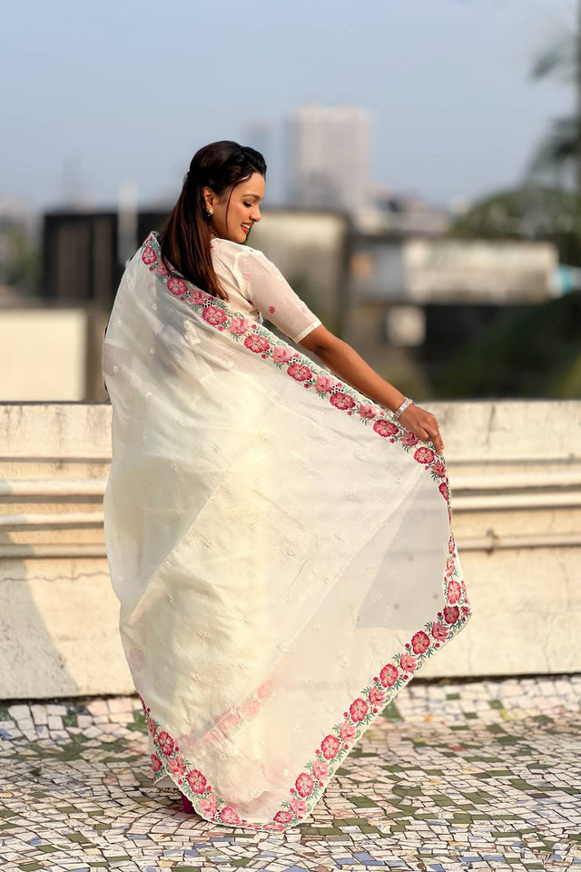 White Floral Embroidered Silk Saree