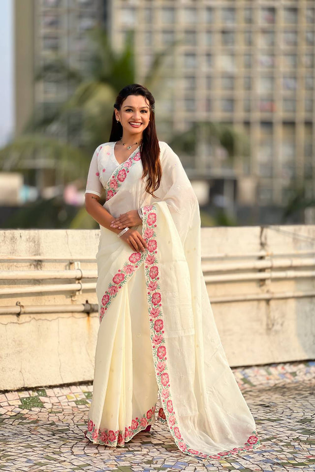 White Floral Embroidered Silk Saree