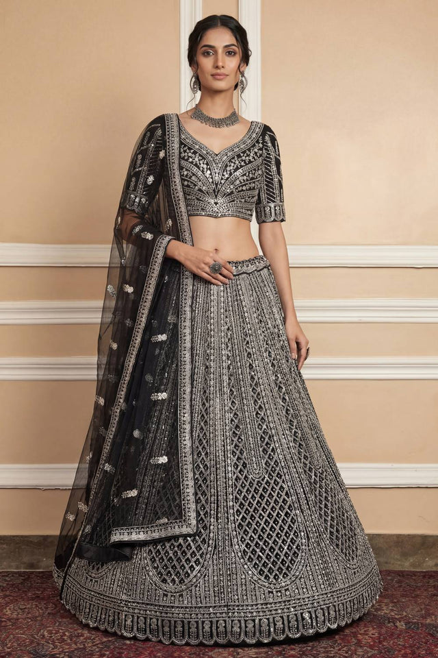 Black Sequin with Embroidered Net Lehenga