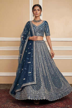 Turquoise Sequin with Embroidered Net Lehenga