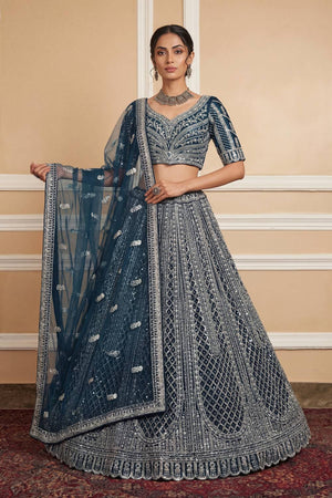 Turquoise Sequin with Embroidered Net Lehenga