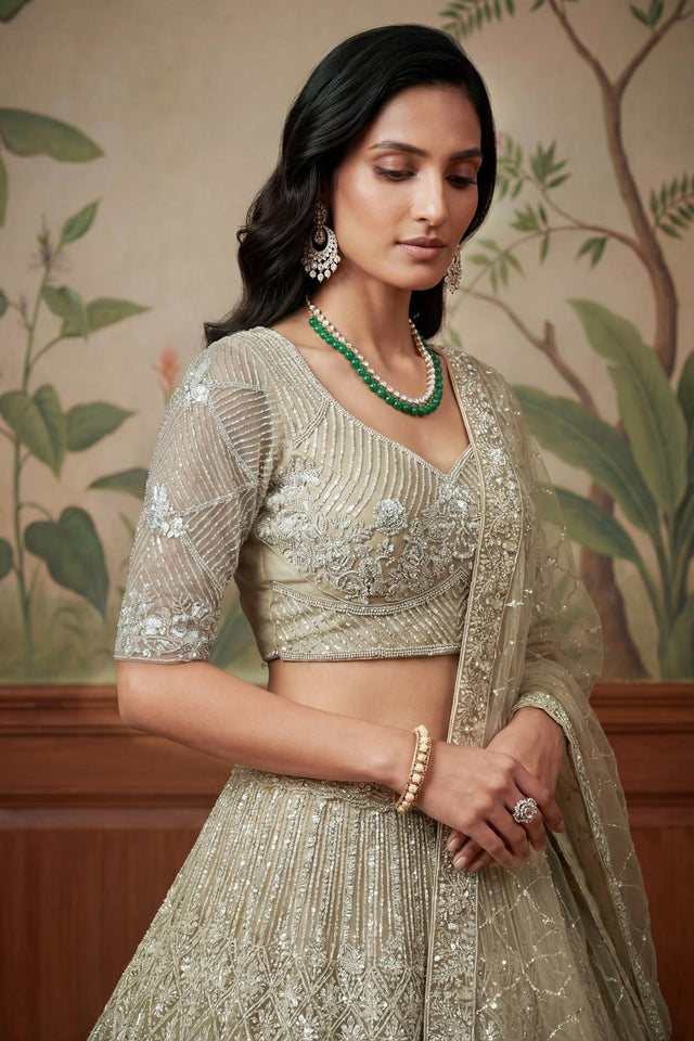 Beige Sequin with Embroidered Net Lehenga