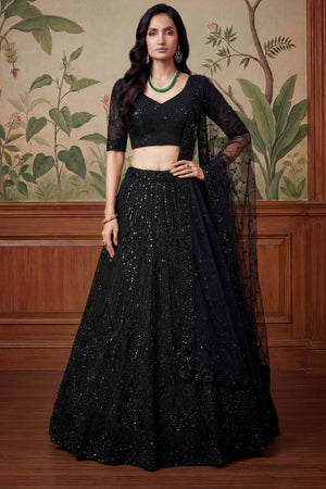 Black Sequin with Embroidered Net Lehenga