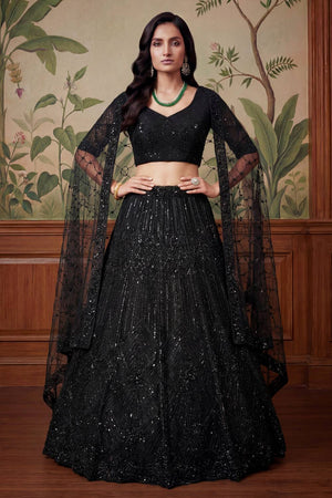 Black Sequin with Embroidered Net Lehenga