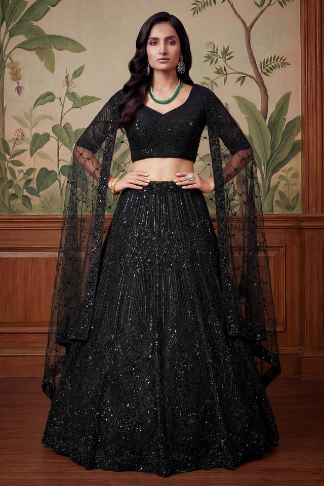 Black Sequin with Embroidered Net Lehenga