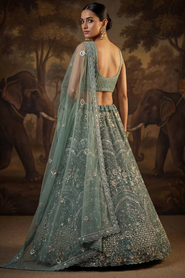 Green Sequin with Embroidered Net Lehenga