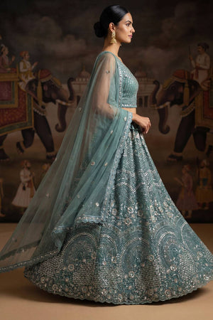 Green Sequin with Embroidered Net Lehenga