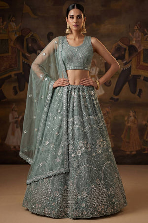 Green Sequin with Embroidered Net Lehenga