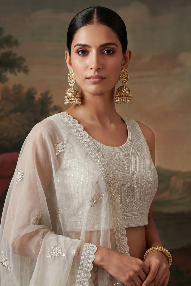 White Sequin with Embroidered Net Lehenga