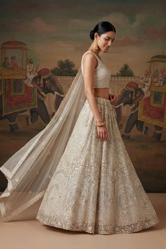 White Sequin with Embroidered Net Lehenga