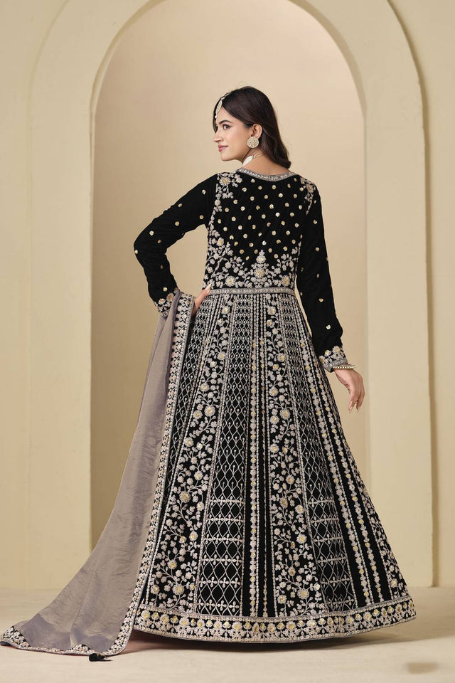 Black Floral Embroidered Velvet Gown