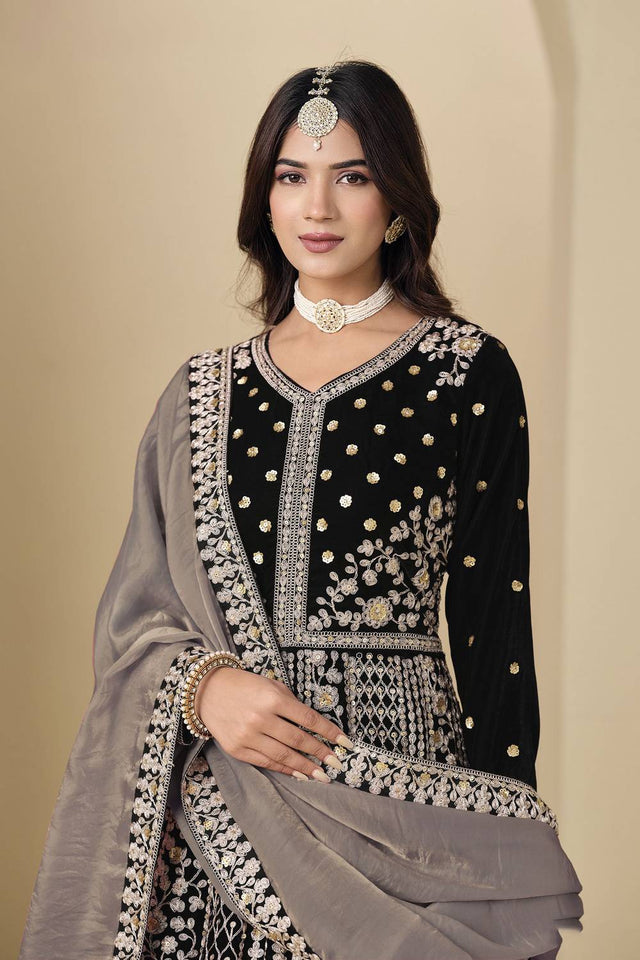 Black Floral Embroidered Velvet Gown