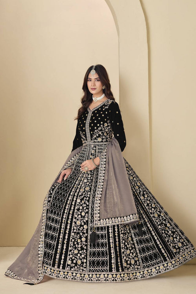 Black Floral Embroidered Velvet Gown