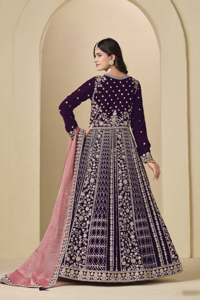 Wine Floral Embroidered Velvet Gown