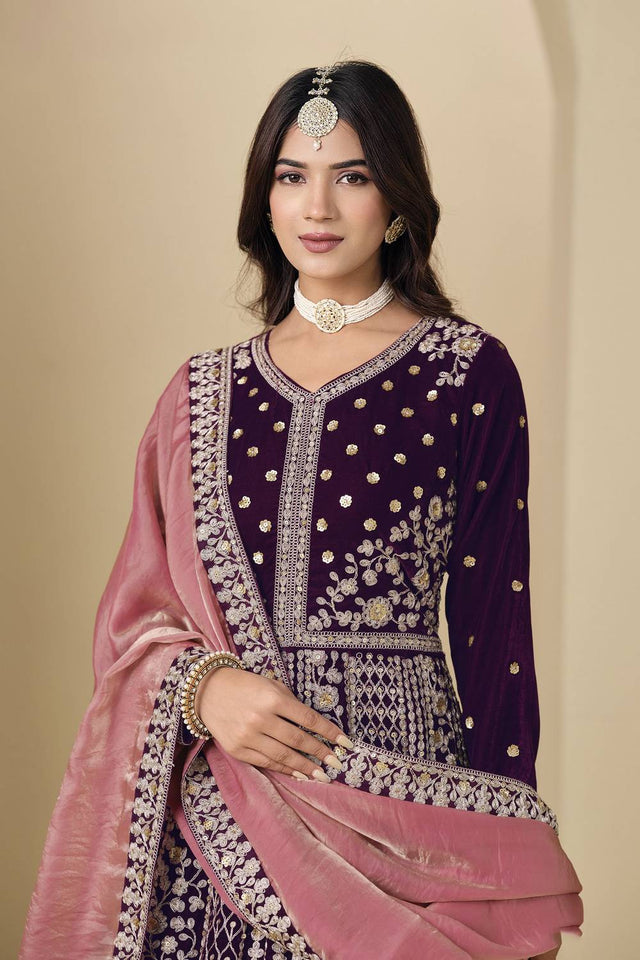 Wine Floral Embroidered Velvet Gown