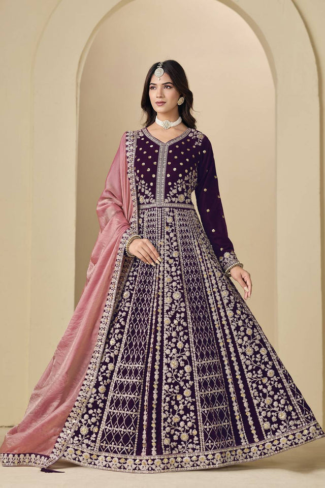 Wine Floral Embroidered Velvet Gown