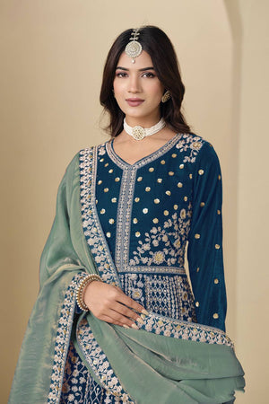 Turquoise Floral Embroidered Velvet Gown