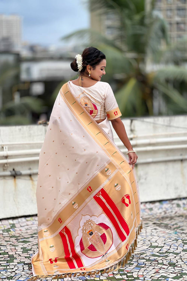 Cream Paithani Woven Silk Saree