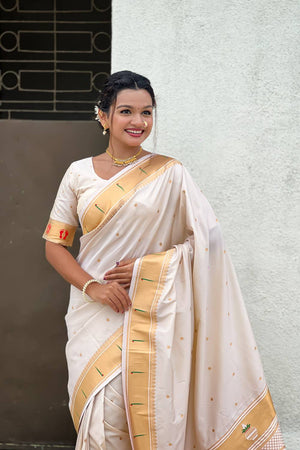Cream Paithani Woven Silk Saree