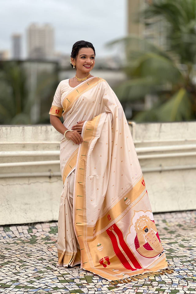 Cream Paithani Woven Silk Saree