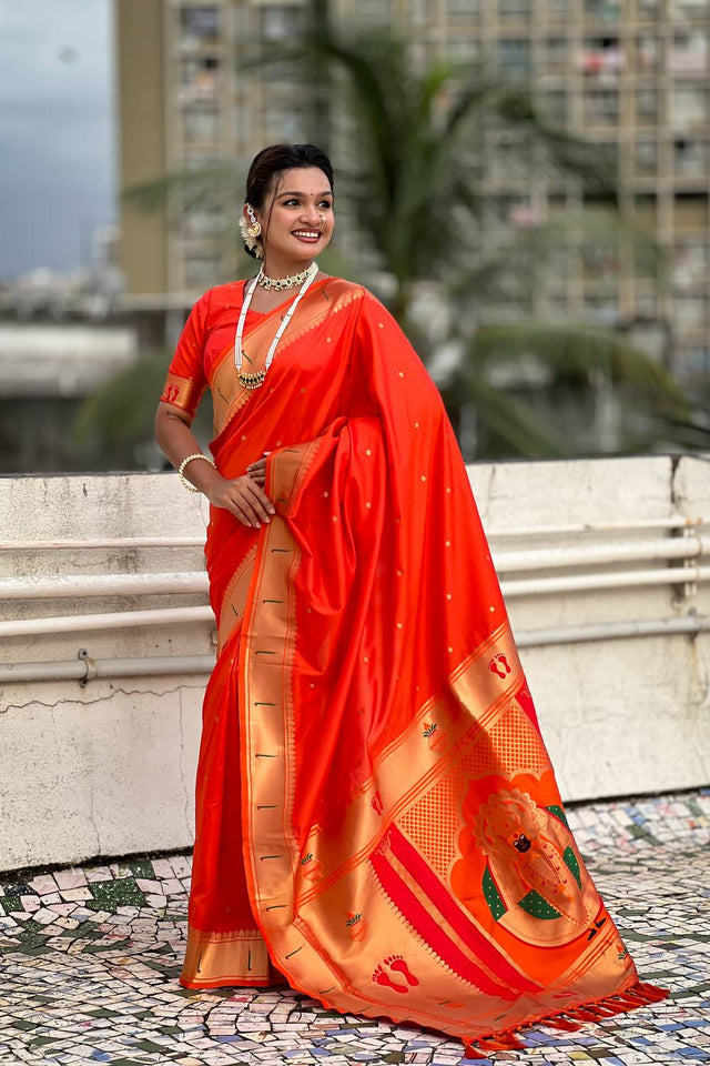 Orange Paithani Woven Silk Saree