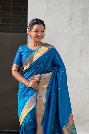 Turquoise Paithani Woven Silk Saree