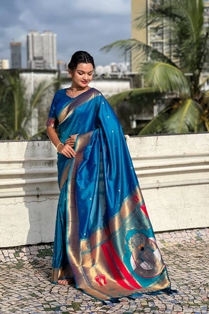 Turquoise Paithani Woven Silk Saree