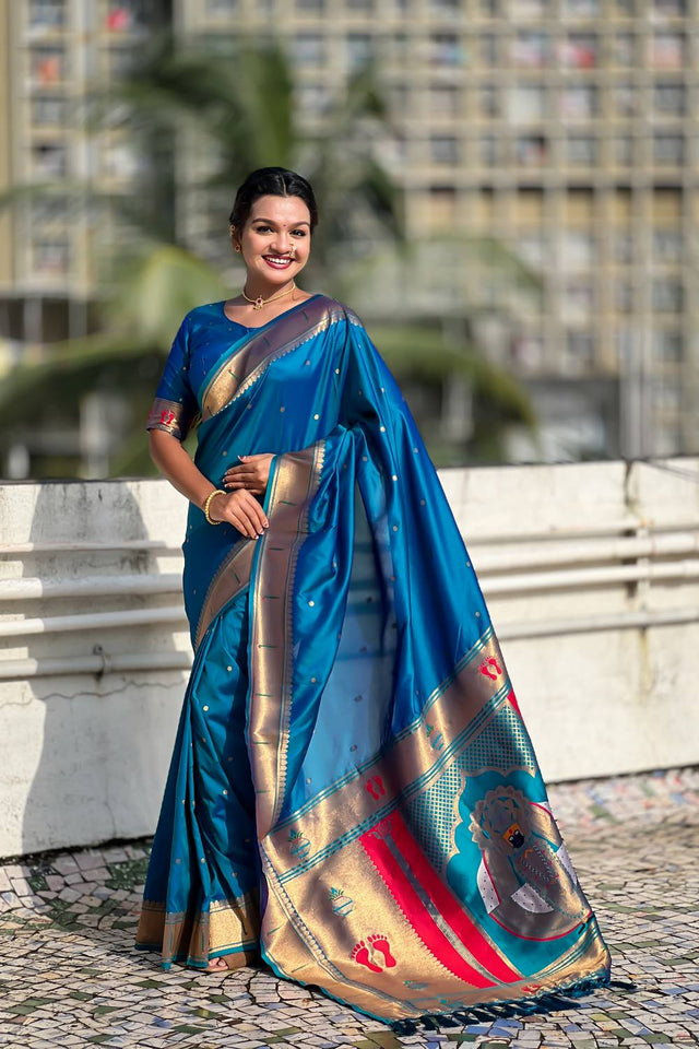 Turquoise Paithani Woven Silk Saree