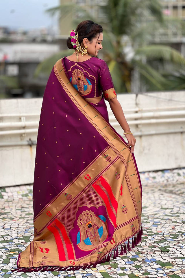 Wine Paithani Woven Silk Saree