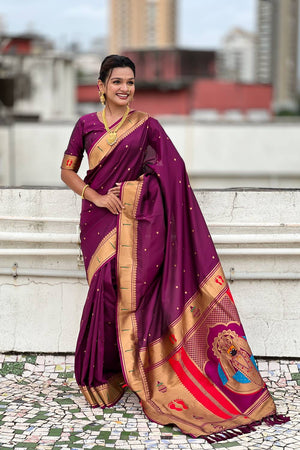 Wine Paithani Woven Silk Saree